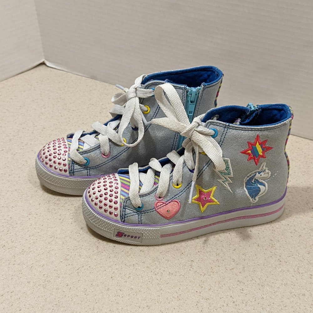 Girls Skechers Sport Crystal Stars High Top Light Blue Sneakers Light up Size 13